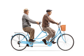 Profile shot of senior male friends riding a blue tandem bicycle