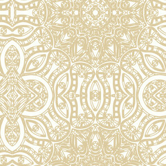 Woodblock printed orange seamless ethnic floral geometric border. Traditional oriental ornament of India Kashmir, flowers wave and arcade motif, beige  on orange background. Textile design.