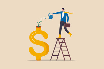 Growth investment, saving and financial prosperity, money increase or profit from growing business concept, businessman investor watering sprout or seedling plant growing from golden dollar sign.