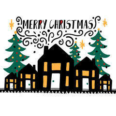 Fototapeta na wymiar Merry Christmas decoration hand drawn.Doodle style greeting card with houses with smoke from chimneys