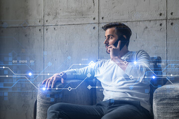 Handsome businessman in casual wears, speaking phone, global international issue. Double exposure....