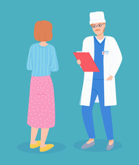 Fototapeta na wymiar Flat illustration of medicine service. Doctor is talking to a woman patient. Medical specialist holds clipboard in his hands. The therapist announces diagnosis to the patient. Medical checkup