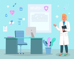 Doctor woman with clipboard, anamnesis of patient standing in her medical office, table with armchair and plant, computer, icons of syringe, heart, cardiogram, capsules, medical insurance, flat style