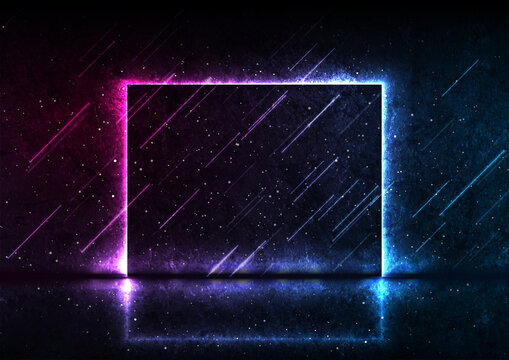 Blue purple neon laser square frame abstract technology retro grunge background. Futuristic glowing graphic vector design