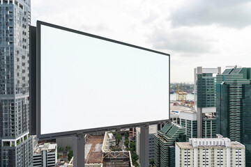 Obraz premium Blank white road billboard with Singapore cityscape background at day time. Street advertising poster, mock up, 3D rendering. Side view. The concept of marketing communication or sell idea.