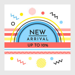 Trendy abstract geometric bubble hot sale. New arrival, big sale and special offer. Black friday up to. Big discount. Vivid banner retro poster design style. Vintage colors and shapes in memphis style