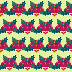 Floral seamless pattern on light-green background. Bright background with red-green flowers.