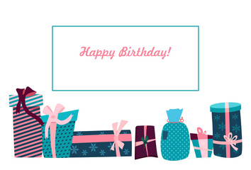 Happy Birthday postcard with text in frame.Gift boxes,convolutions in festive wrapping paper different forms,size.Holiday presents with ribbons and bows.Rag bag and packagings in pink turquoise colors