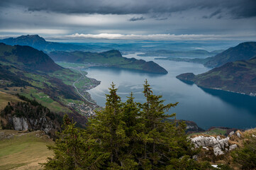Obraz premium view from Niederbauen over Bürgenstock in direction of Lucerne on a rainy autumn day