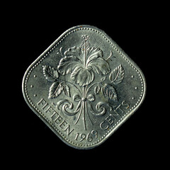 1969 The Bahamian Fifteen Cents isolated on the black background