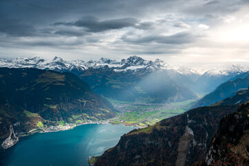 Urnersee with Flüelen, Altdorf on a moody autumn day