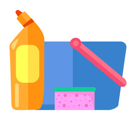 Plastic blue bucket, bottle with toilet cleaner, sponge. Equipment or tools for cleaning, washing. House, office or hotel cleaning service. Housekeeping concept. Isolated cartoon vector icons