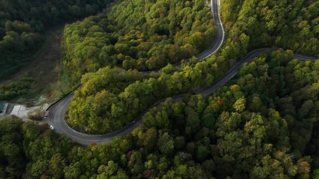AERIAL. Cinematic shot of a switchback road winding up a forest covered hill. Flying over a lush green hill with a winding road winding across the hilltop. 
