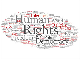 Fototapeta premium Vector concept or conceptual human rights political freedom, democracy abstract word cloud isolated background. Collage of humanity world tolerance, law principles, people justice discrimination text