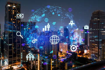 Glowing Social media icons on night panoramic city view of Bangkok, Asia. The concept of networking and establishing new connections between people and businesses. Double exposure.