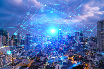 Abstract technology icons, night aerial panoramic cityscape of Bangkok, Asia. The concept of innovative approach to optimize international business process. Double exposure.