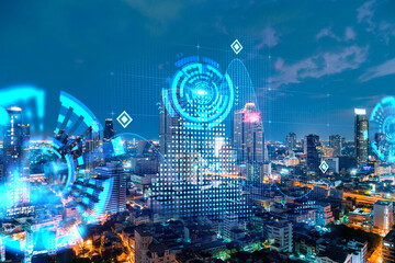 Abstract technology icons, night aerial panoramic cityscape of Bangkok, Asia. The concept of innovative approach to optimize international business process. Double exposure.