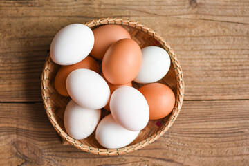 Chicken eggs and duck eggs collect from farm products natural in a basket healthy eating concept Fresh egg