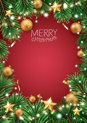Merry christmas and happy new year banner with red and gold balls and confetti