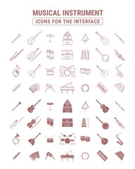 Music Instruments Icons set - Vector outline symbols and silhouettes of guitar, piano, trumpet, violin, saxophone, drum, and etc. for the site or interface