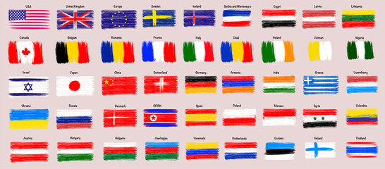 Collection of popular world flags, brush strokes painted flags, grunge flags, isolated on white background, vector illustration.