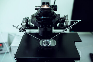 Equipment on laboratory of Fertilization, IVF. Microscope of reproductive medicine clinic fertilizing egg outside female body. Disease laboratory research