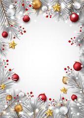 Merry christmas and happy new year banner with red and gold balls and confetti