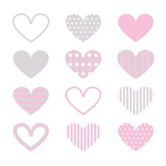 Vector set of textures hearts in pale pink and gray colors. Elements for desing card, children patterns