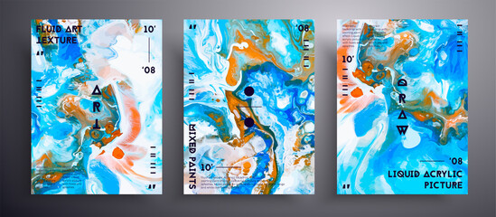 Abstract vector banner, texture set of fluid art covers. Trendy background that can be used for design cover, invitation, flyer and etc. Blue, white and orange unusual creative surface template
