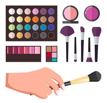 Set of decorative cosmetics palette with shadows, blush, lipstick. Female elegant hand with makeup brush. Set of eyeshadows in a round packaging container. Makeup brushes varieties. Flat vector image