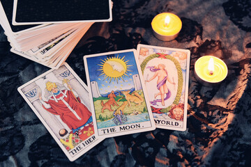 Tarot cards by candlelight on dark background fortune card prophecy gypsy card for fortune teller...