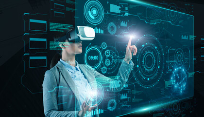 Female entrepreneur in VR headset pressing button on virtual GUI panel. Big data, augmented...
