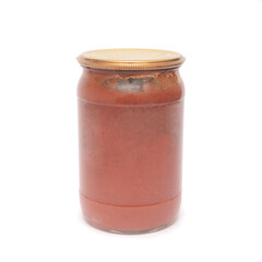 Homemade glass tomato sauce canned food isolated on white background