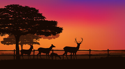 Fototapeta na wymiar herd of grazing deer behind farm fence with trees and sunset sky - eveing scene vector silhouette design