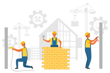 Repairers working with walls, drilling and nailing, laying bricks. Silhouette of hammer and wrench in bolt, crane and build, construction equipment vector