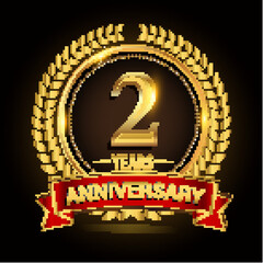 2nd golden anniversary logo, with shiny ring and red ribbon, laurel wreath isolated on black background, vector design