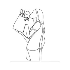 Continuous line drawing of woman holding paper bag of fresh vegetable and fruit. One line concept of healthy life style. Single line of shopping fresh vegetable and fruit. vector illustration