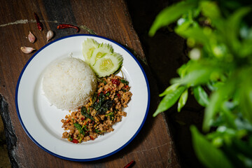 thai basil with rice on lunch