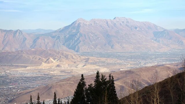 Panning view of Timpanogos Mountain from Butterfield Canyon in Utah.