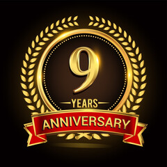 9th golden anniversary logo, with shiny ring and red ribbon, laurel wreath isolated on black background, vector design