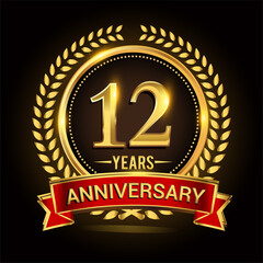 12th golden anniversary logo, with shiny ring and red ribbon, laurel wreath isolated on black background, vector design