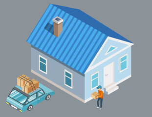 Moving to another house, vector guy with package in hands carrying things to car, 3D illustration. Move to another apartment, cardboard or parcel and man in cap