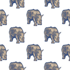 Seamless pattern with hand drawn rhino on white background, vector illustration