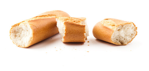 Teared french baguette isolated on white background.