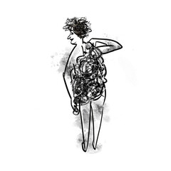 Woman washes with a washcloth, funny black and white illustration, view from back 