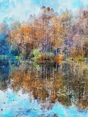 Watercolor illustration of autumn landscape on a lake with forest and reed.