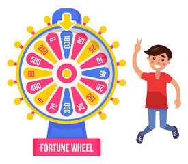 Boy winner and fortune wheel, money, risk and luck vector. Casino and opportunity, prize and award, color circle with lamps and pointer, rotation
