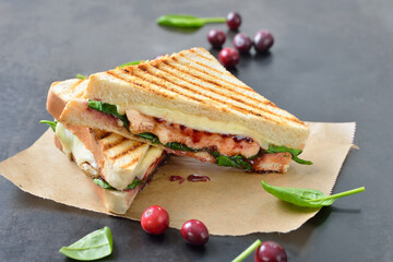 Toast mit gegrillter Hähnchenbrust, Blattspinat , Cranberries  und Käse frisch aus dem Kontaktgrill - Pressed toast with grilled chicken breast, spinach, cranberry sauce and cheese 