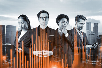 Group of business colleagues working on new venture capital and hi-tech start up and try to...