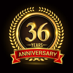 36th golden anniversary logo, with shiny ring and red ribbon, laurel wreath isolated on black background, vector design